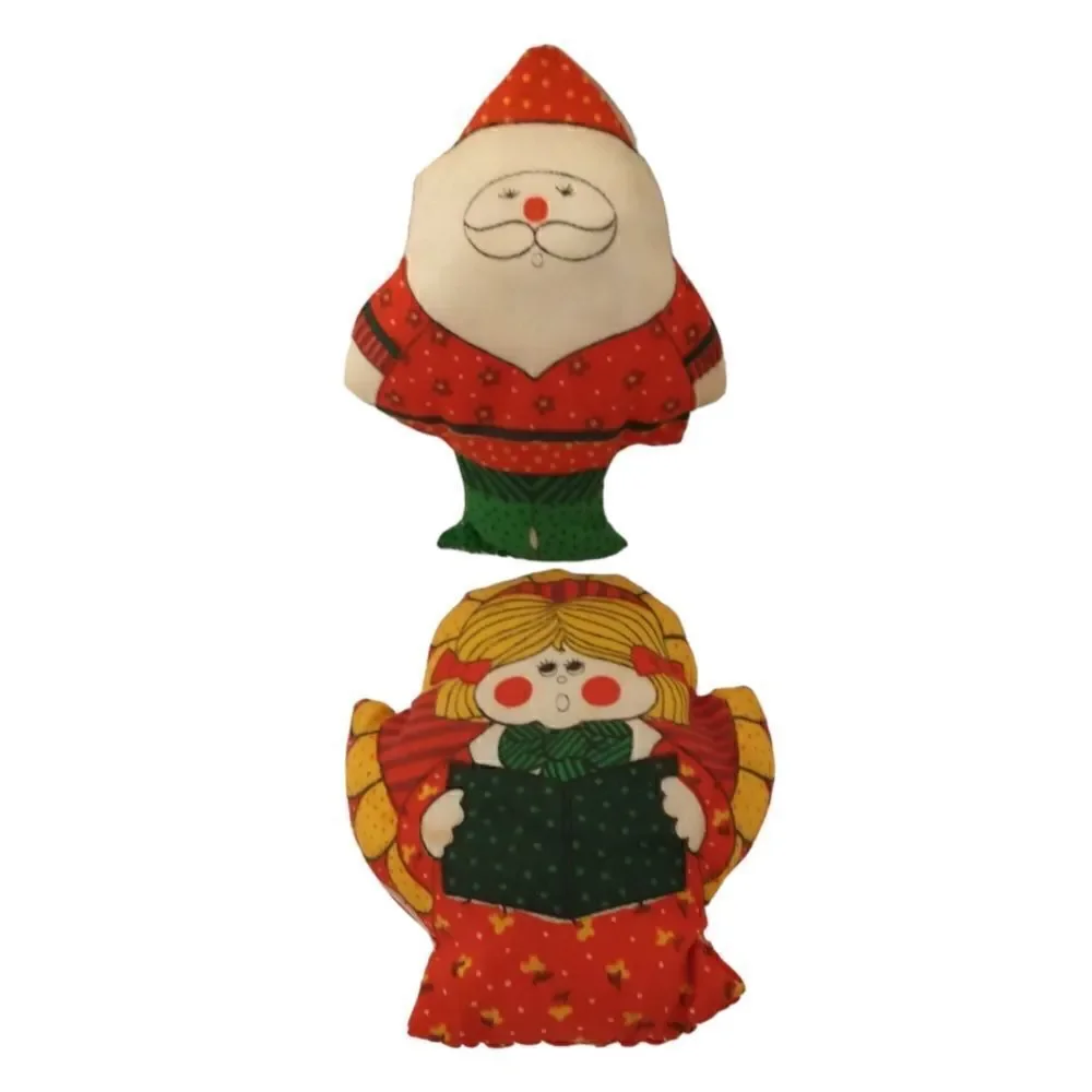 Vtg 80s Christmas Stuffed Ornament Lot‎ of 2 Fabric Handmade Angel Santa Claus.